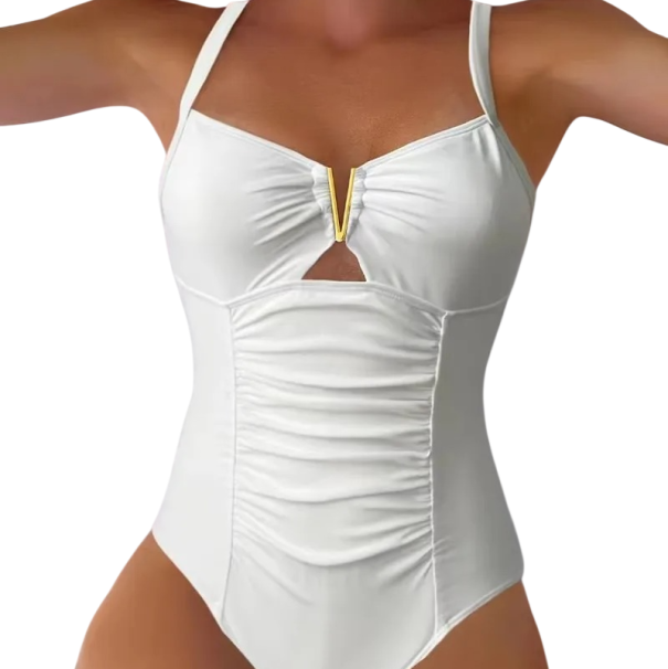 Maillots de bain une pièce pour femmes à fines bretelles décolleté en V unis en nylon élégants pour l'été à la plage ou à la piscine blanc M