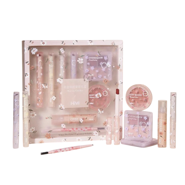 Make-up sada na líčení s 4 lesky na rty, oboustrannou tužkou na obočí, korektorem, tvářenkou a paletkou očních stínů, květinový design 1