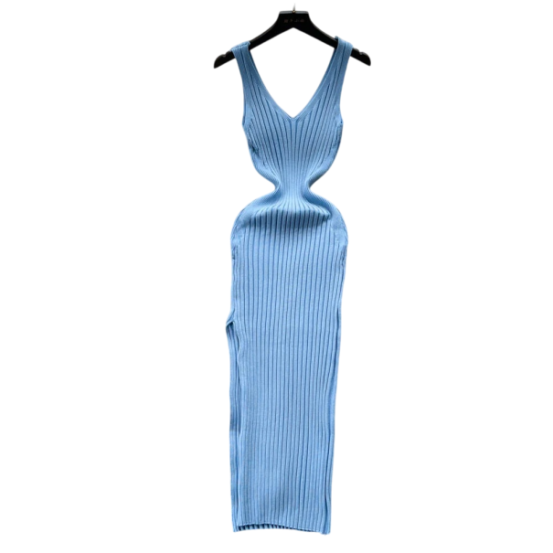Μακριά ριγέ πλεκτή φόρεμα χωρίς μανίκια με V ντεκολτέ Εlegant φόρεμα εφαρμοστό από πλεκτό για δουλειά και ελεύθερο χρόνο μπλε