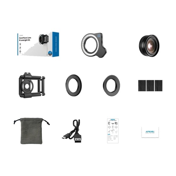 Makro objektiivi mobiilille Zoom 10-20x Pyöreällä LED-valolla 32 diodia Alumiinirunko Puhelinteline 7-10 cm Musta iOS:lle ja Androidille 1