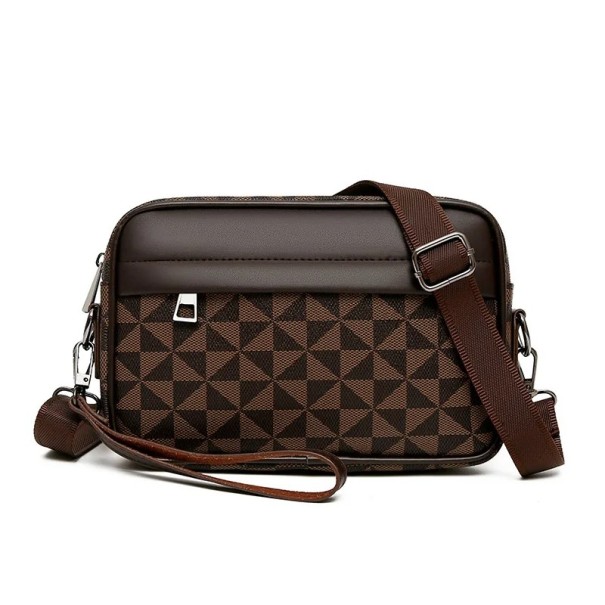 Mala crossbody masculina 24×14×5 cm Mala de negócios de luxo em pele sintética Mala elegante para telefone Padrão de quadrados Acessório de viagem da moda castanho