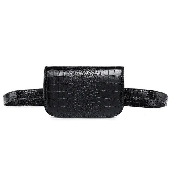Mala de cintura feminina com padrão de pele de crocodilo Preta Aba Correia com fivela dourada Uso na cintura e sobre o corpo Pele PU 11 x 5 x 17 cm 1