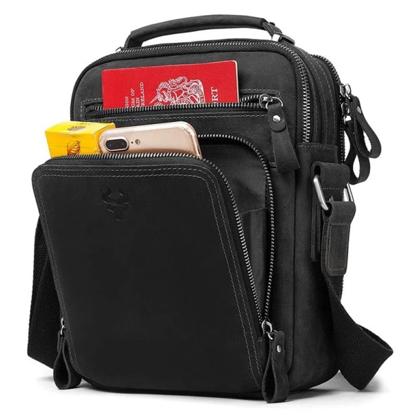 Mala de couro para homem a tiracolo 25×21×9,5 cm Mala de viagem vintage com grande capacidade Mala crossbody elegante para homens para uso diário preto