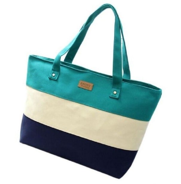 Mala de lona para senhora com largas riscas horizontais Mala espaçosa com duas alças Bolso interior com fecho 38 x 8 x 30 cm turquesa