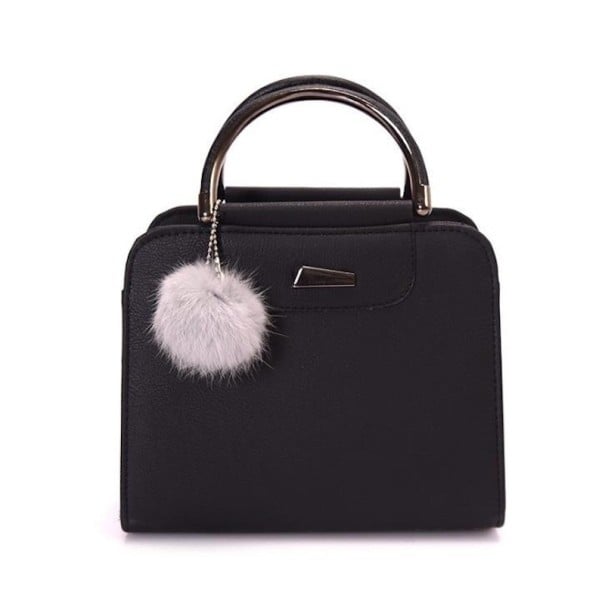 Mala de mão feminina Pequena Alças de metal rígidas Pompom decorativo na corrente Pele PU mate Forma de mala de viagem Dimensões 22 x 17 x 10 preto