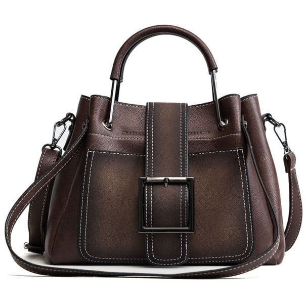 Mala de senhora crossbody em pele sintética PU com alça para a mão Alça com mosquetões Grande fivela metálica e costura contrastante castanho escuro