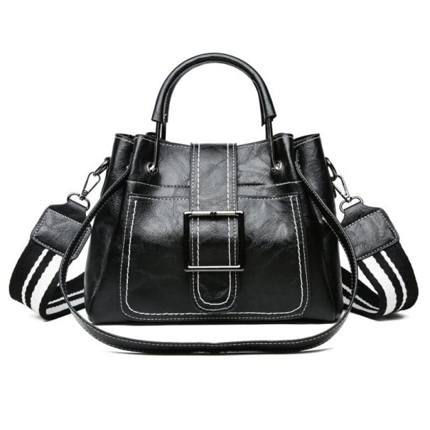 Mala de senhora crossbody em pele sintética Ucha para a mão e correia larga com riscas Grande fivela metálica e costura em contraste 27 x preto