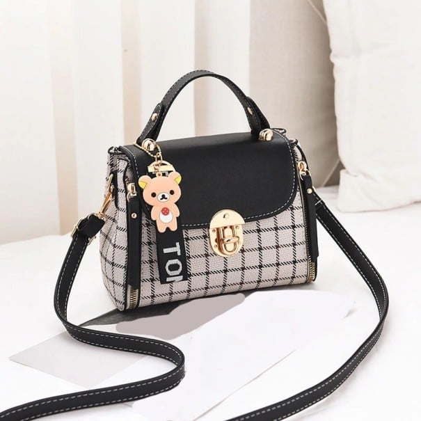 Mala de senhora crossbody para a mão Padrão xadrez Aba de uma só cor com fecho dourado Alça destacável Couro sintético 21 x 16 x 10 cm preto
