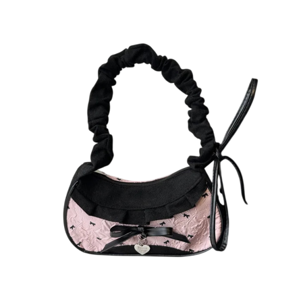 Mala de senhora preta-rosa com padrão de laços Saco têxtil leve para uso diário em nylon e poliéster Acessório estiloso 1