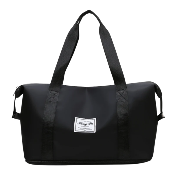 Mala de viagem desportiva feminina em nylon resistente com alça de ombro, pega de mão e sistema de fixação à pega da mala preto