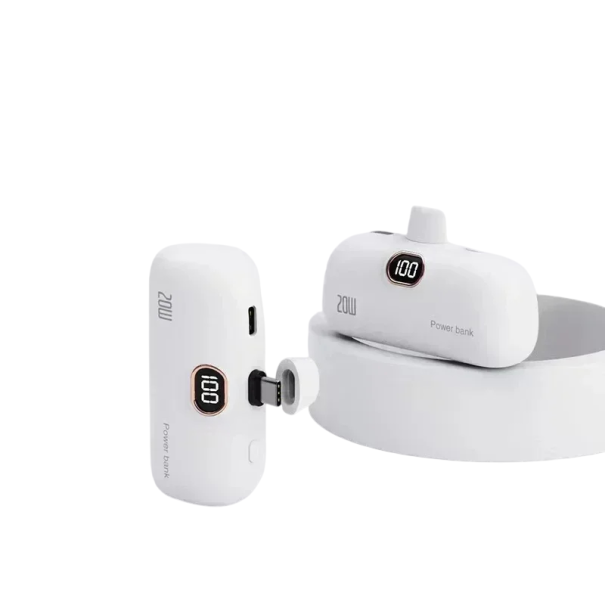 Malá powerbanka 2600–4999 mAh s výstupem USB-C Nabíjení bez kabelu 15 W Displej s procenty Denní rezerva pro telefon i sluchátka bílá