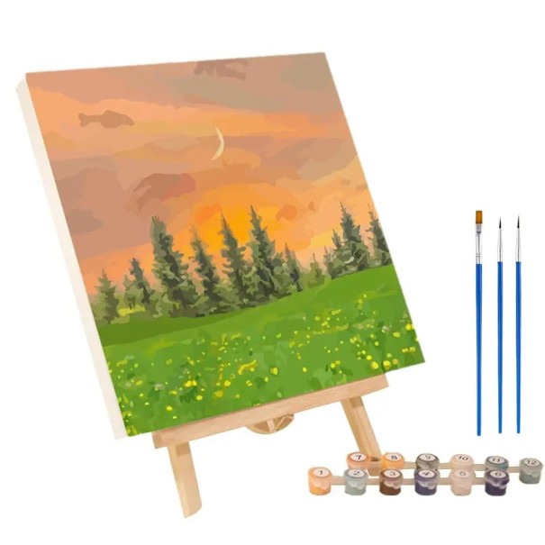 Maliarska sada s predlohou 20x20 cm Západ slnka za lesom Vyfarbovanie podľa čísel Akrylové farby Kreatívne umenie Domáce dekorácie 1