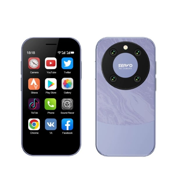 Malý smartphone SERVO KING 9000, Android 10.0, 94x47,4x12,5 mm, zadní fotoaparát 5 MP, přední 2 MP, kompaktní design pro snadné ovládání a každodenní použití fialová