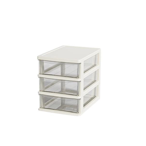 Malý stolný organizér so 3 priehradkami 15,5x21x18,7 cm PP plastový box so zásuvkami na kancelárske potreby a drobnosti biela