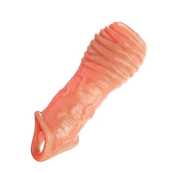 Manchon en silicone pour pénis avec pointe ronde élargie et anneaux de massage sur toute la longueur avec prise pour les testicules Emballage discret couleur chair