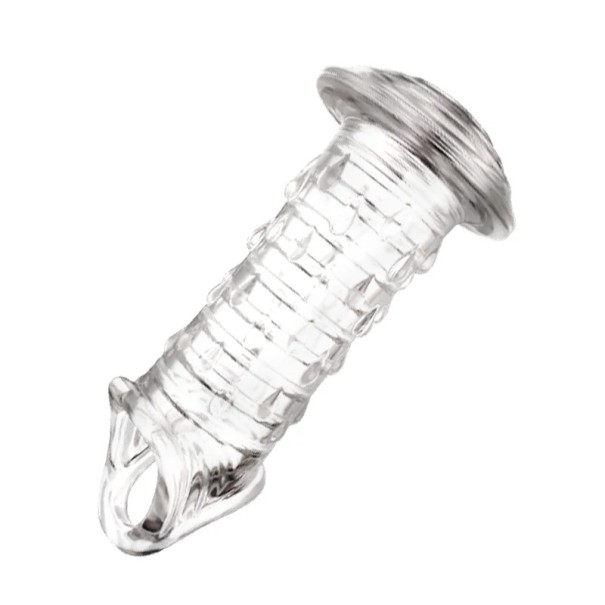Manchon en silicone pour pénis avec une pointe élargie en forme de champignon et des anneaux de massage avec prise derrière les testicules dans le style d'un cockring Emballage discret transparente