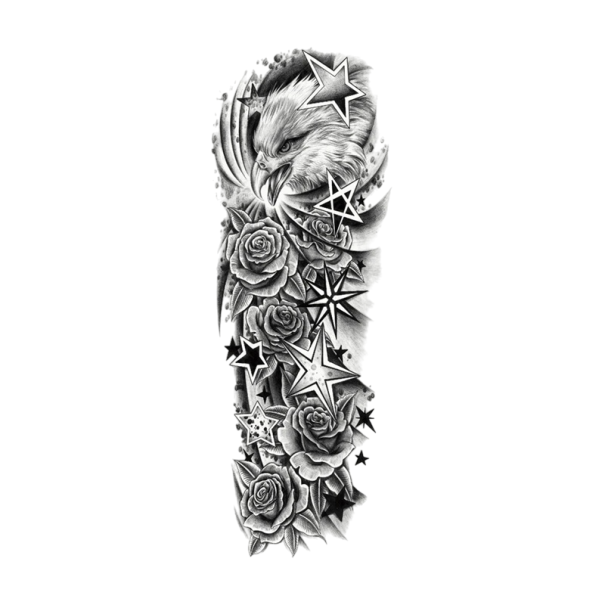 Manga de tatuaje temporal resistente al agua 48 x 17 cm Águila Estrellas Rosas Estilo moderno y rugoso Motivo realista Dura hasta 15 días Fácil aplicación 1