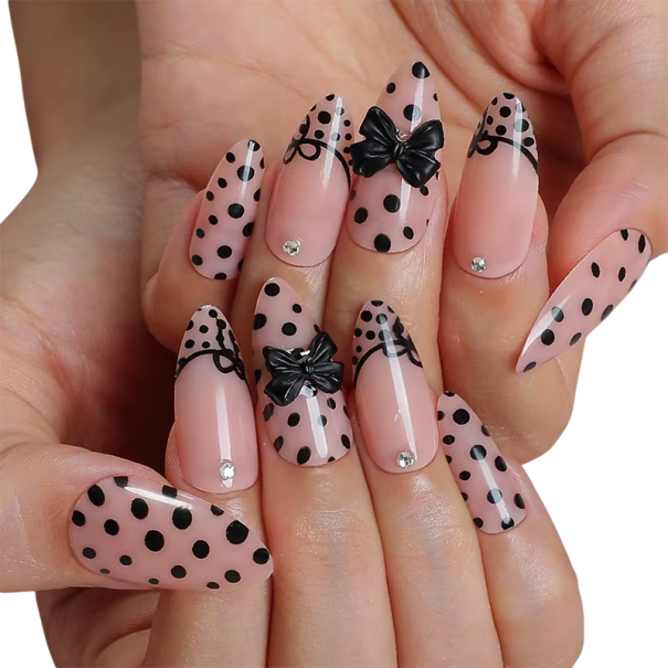 Manicure decorata con unghie artificiali a forma di mandorla Motivi a pois e fiocchetti Stile francese moderno 12 dimensioni Set elegante 1