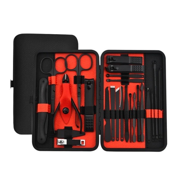 Manicure- en pedicureset in een zwarte leren etui Set met gereedschappen voor de verzorging van teennagels, vingers en gezicht Tang, vijl, manicureschaar, pincet, oorlepel Reisset voor nagels van roestvrij staal 25 stuks rood