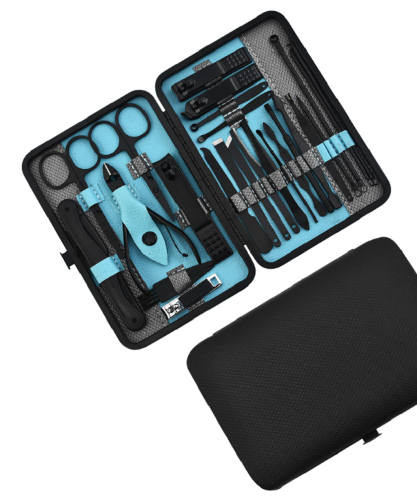 Manicure- en pedicureset in een zwarte leren etui Set met gereedschappen voor de verzorging van teennagels, vingers en gezicht Tang, vijl, manicureschaar, pincet, oorlepel Reisset voor nagels van roestvrij staal 25 stuks