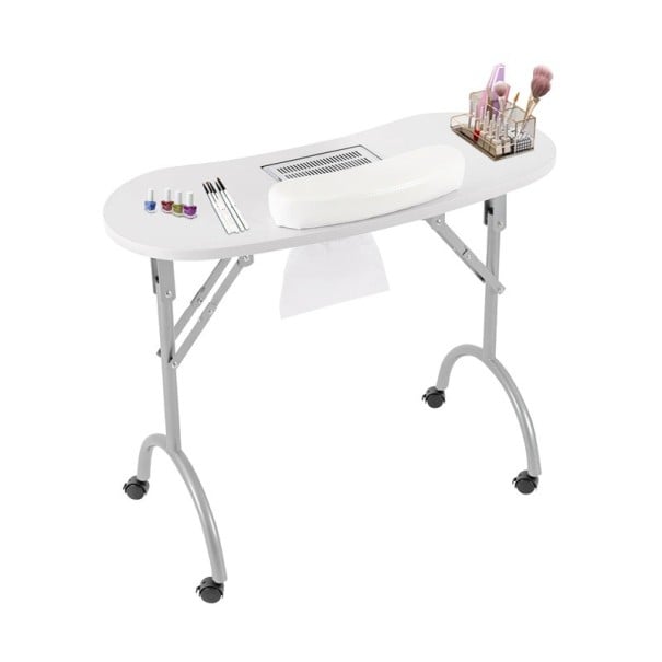 Manikurní stolek s vestavěnou odsávačkou 5,5 W skládací 90 x 40 x 72,5 cm s kolečky a opěrkou zápěstí bílý na manikúru doma i ve studiu 1