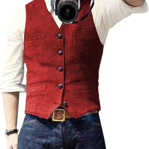 Mansk elegant väst med fickor och bröstficka Enfärgad sällskapsväst med knappar röd M
