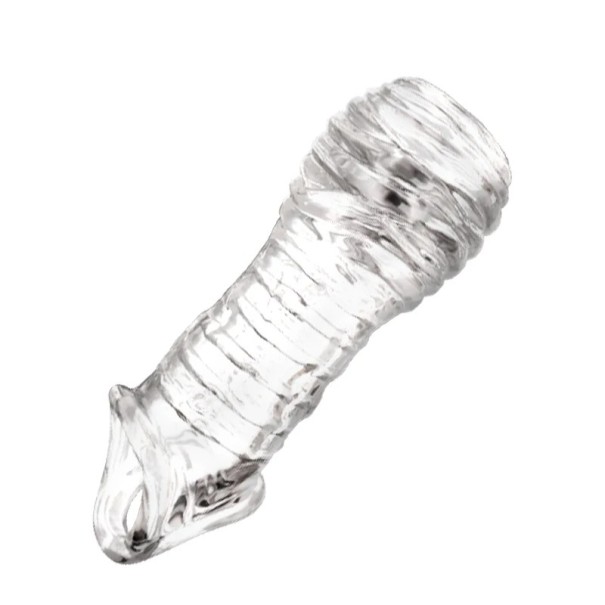 Manșon din silicon pentru penis cu vârf rotund, lărgit și inele de masaj pe toată lungimea, cu prindere pentru testicule Ambalare discretă transparent