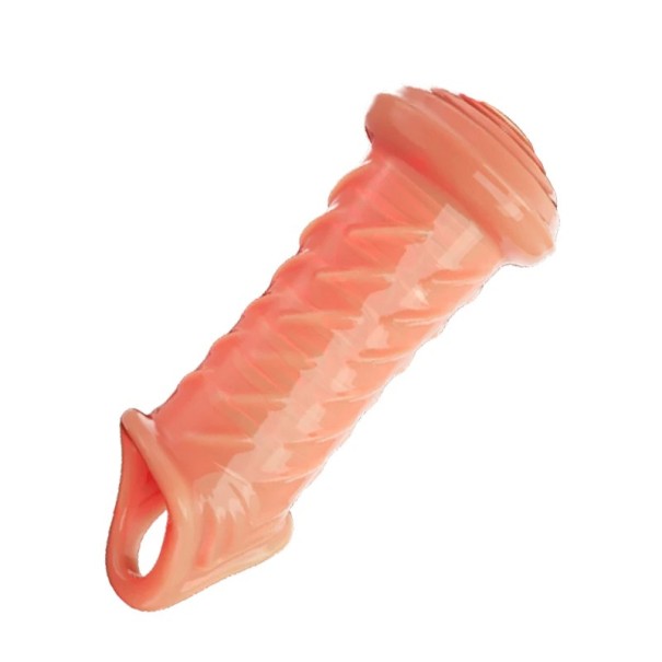 Manșon pentru penis din silicon cu vârf extins în formă de ciupercă și inele de masaj cu mâner pentru testicule în stil sufocat Ambalaj discret culoarea pielii