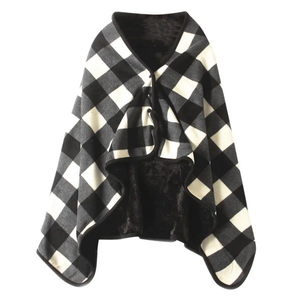 Manta com botões 135 x 80 cm Xadrez preto e branco Manta de inverno dupla camada quente Manta de fleece macia para casa escritório viagem 1