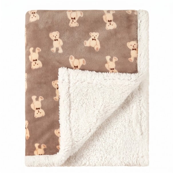 Manta de bebé castanha para o inverno 100 x 75 cm com estampado de ursos bejes com laço e lado felpudo claro para envolver e cobrir o bebé 1
