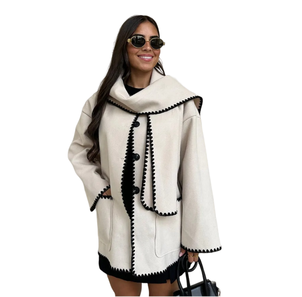 Manteau d'automne pour femme avec écharpe et bordure noire blanc L
