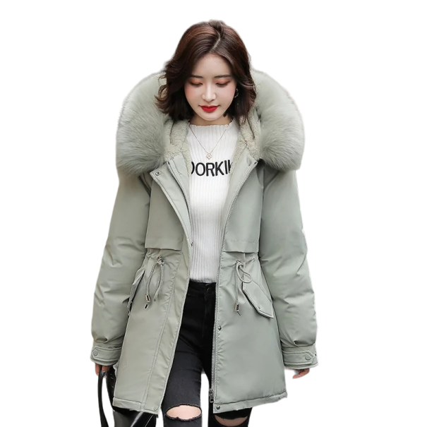 Manteau d'hiver pour femmes avec capuche en fourrure vert clair L