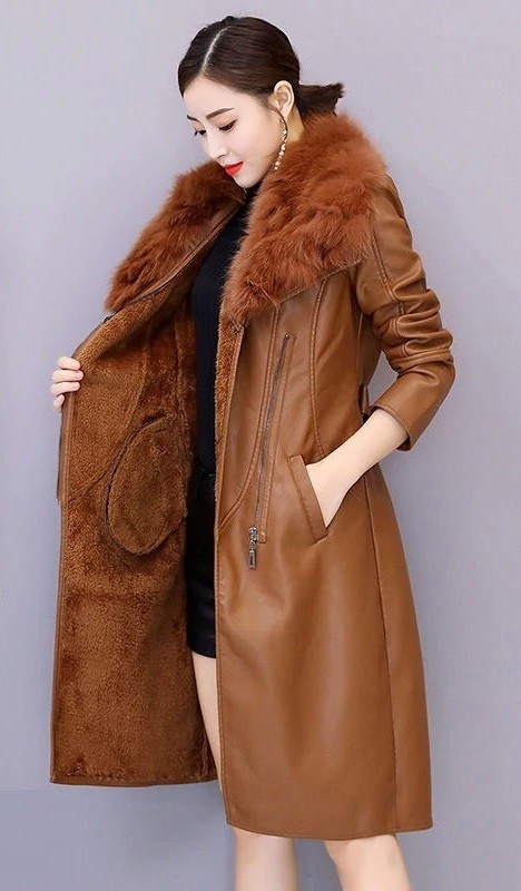 Manteau en cuir pour femmes avec fourrure XL 3