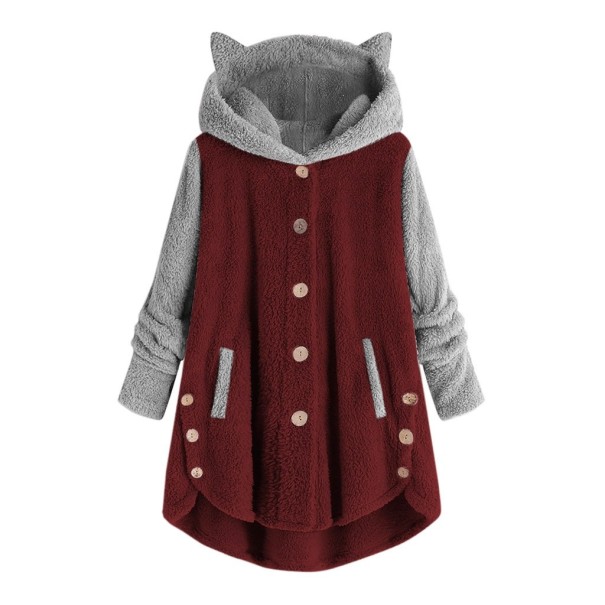 Manteau en peluche pour femmes avec oreilles de chat bordeaux 3XL