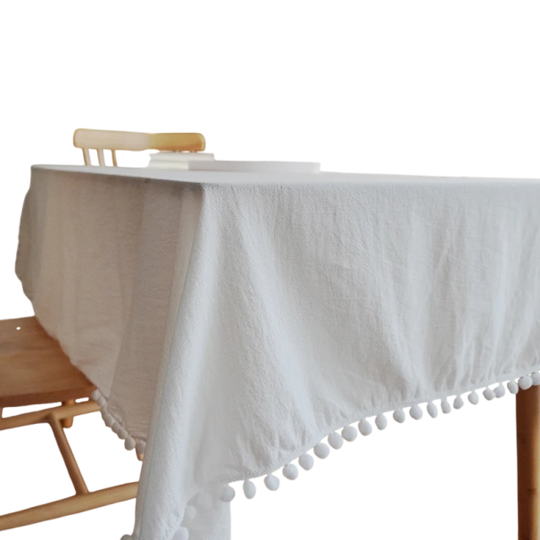 Mantel de algodón con borlas en forma de bolitas 140 × 220 cm Mantel lavable cosido para mesa de comedor para banquete de boda fiesta decoración blanco