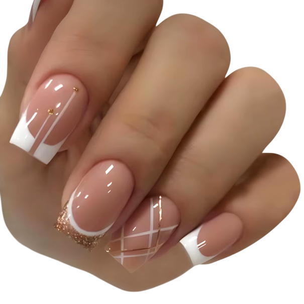 Manucure française décorative 24 pcs Ongles artificiels Forme carrée pour manucure à domicile Art de l'ongle élégant avec décoration 1