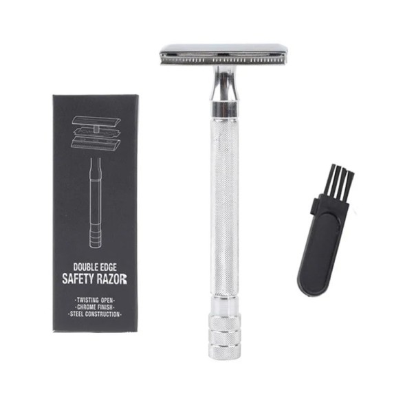 Manuel barbermaskine til mænd, justerbar barberkniv i rustfrit stål med dobbelt kant, klassisk barberkniv til mænd, 10,3 x 4 cm sølv
