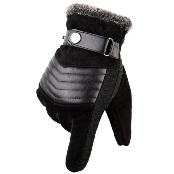 Mănuși de iarnă pentru bărbați cu funcție touchscreen.Mănuși calde pentru iarnă cu blană și curea de strângere negru