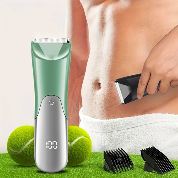 Máquina de barbear eléctrica para homens com carregamento USB e ecrã LCD, aparador de pelos com 2 cabeçotes para o corpo e zonas íntimas turquesa