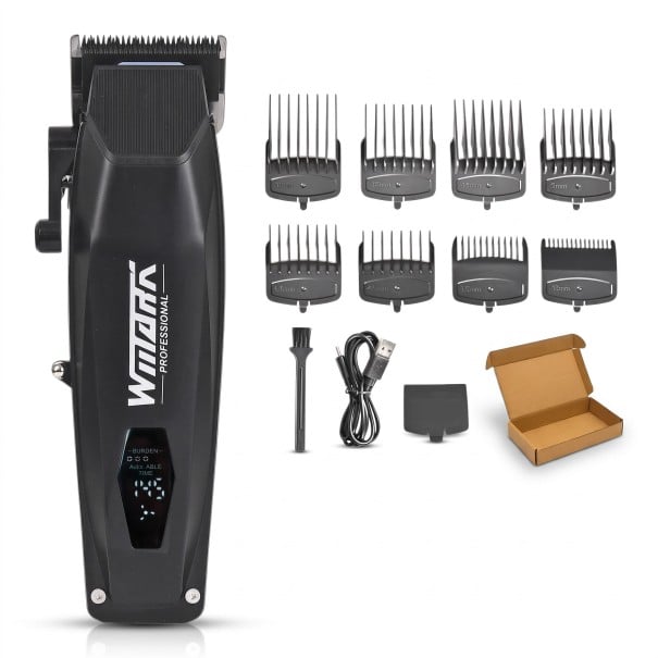 Máquina de cortar cabelo profissional Motor rotativo 7500 rpm 5 ajustes de lâmina Bateria 2000 mAh Ecrã LED ABS Aparador de cabelo preto