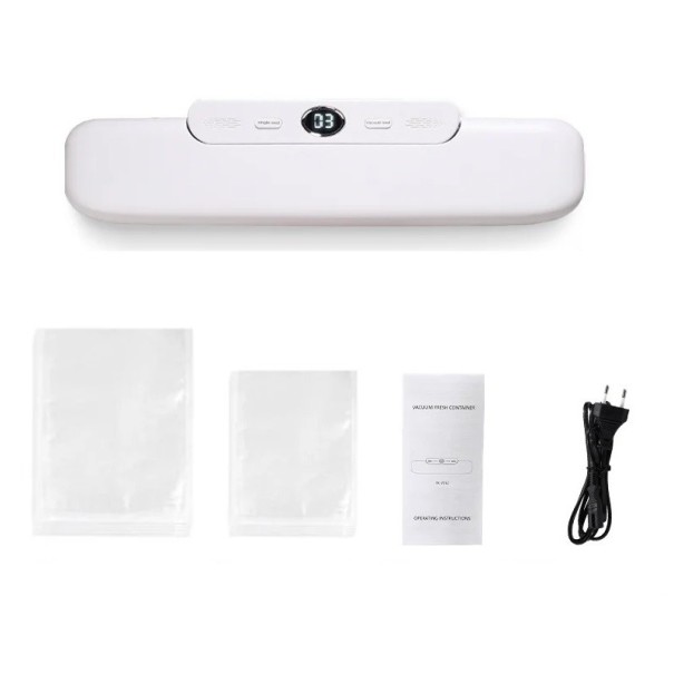 Máquina de vácuo para embalagem de alimentos Máquina de selagem a vácuo recarregável com cabo USB e ecrã LCD Selagem a vácuo Máquina de vácuo para alimentos com 10 sacos para vácuo de alimentos branco