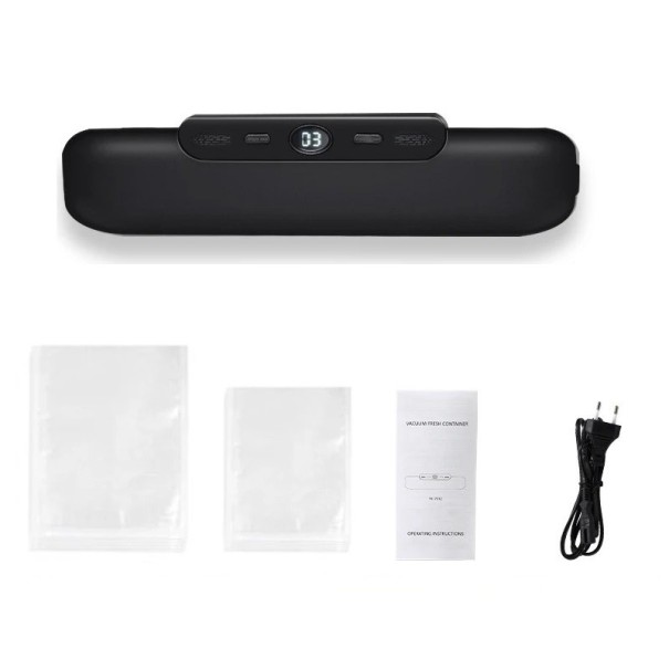 Máquina de vácuo para embalagem de alimentos Máquina de selagem a vácuo recarregável com cabo USB e ecrã LCD Selagem a vácuo Máquina de vácuo para alimentos com 10 sacos para vácuo de alimentos preto