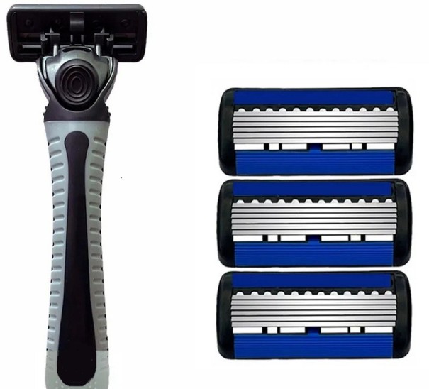 Maquinilla de afeitar manual para hombre y mujer con tres cabezales de recambio Mango con tres hojas reemplazables de seis filos 1