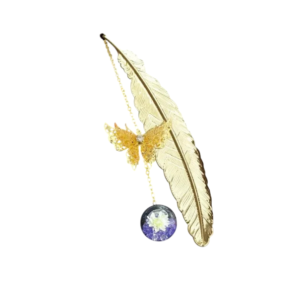 Marcador de libro de metal con pluma y mariposa 11,3 x 2,4 cm marcador con cadena y bola de vidrio morado