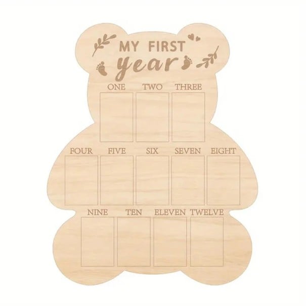 Marco de madera en forma de oso para fotos del primer año 40,6 x 32,7 cm madera natural con ventanas de 5,1 x 7,7 cm para hitos del bebé 1