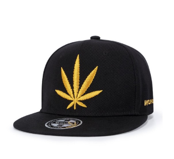 Marihuanablad snapback J1000 sort - gul