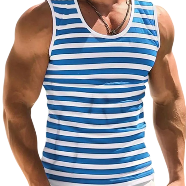 Marinblå herrtopp Polyester Material Rundad halsringning Blåvita ränder Lätt rak passform Sommarstil För fritid XXL