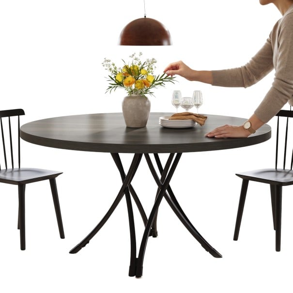 Masă de dining rotundă 74 x 119 x 3 cm cu un blat cu diametrul de 119 cm fără colțuri ascuțite și cu bază arcuită încrucișată, finisaj negru 1