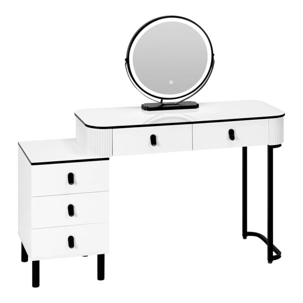 Masă de toaletă 100 x 125 x 40 cm cu oglindă LED rotundă și cinci sertare Capacitate de încărcare 50 kg Masă cosmetică albă cu detalii negre 1