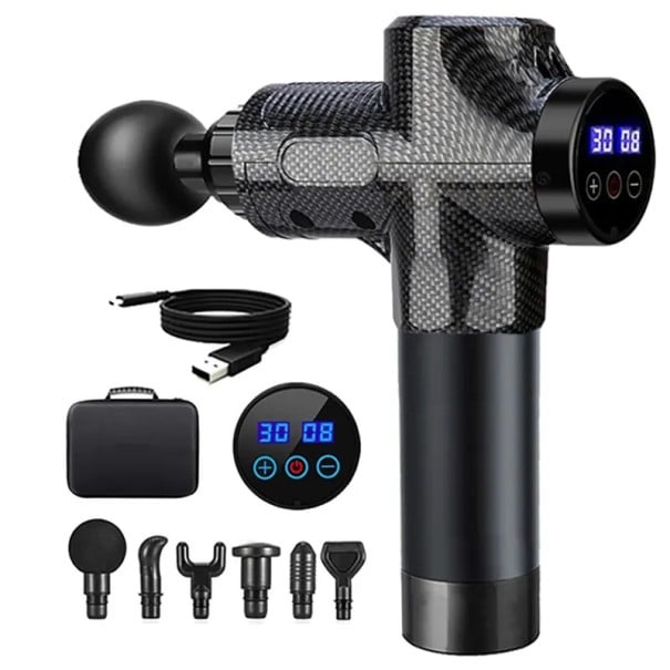 Masážní pistole Tichý chod se 6 nástavci Amplituda 12 mm Výdrž 4 až 6 hodin LCD displej Nabíjení USB-C Černošedá Na masáž zad krku i nohou 1